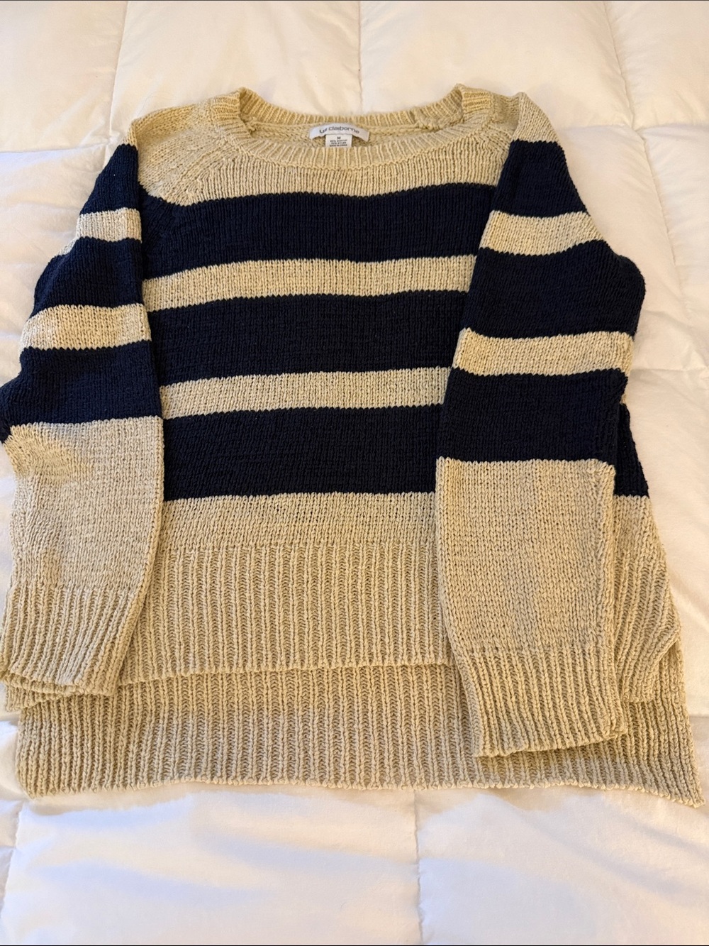 Liz Claiborn med Striped Crewneck Sweater in Navy and Cream - Women